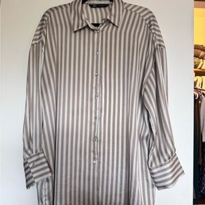 Zara Stripe Button-Down Shirt in White and Brown